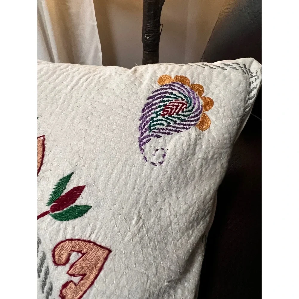 Vintage Boho Hand Embroidered Kantha Floral Paisley Throw Pillow Cover Square